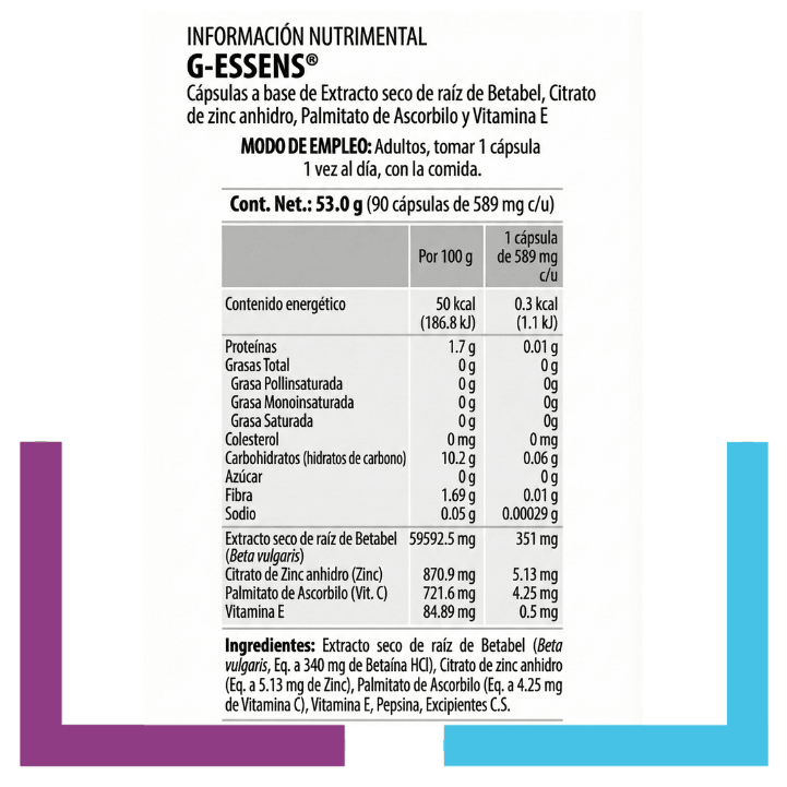 Contenido y como tomar Nutrabiotics G-ESSENS: betaína HCl, zinc, vitaminas C y E, 90 cápsulas