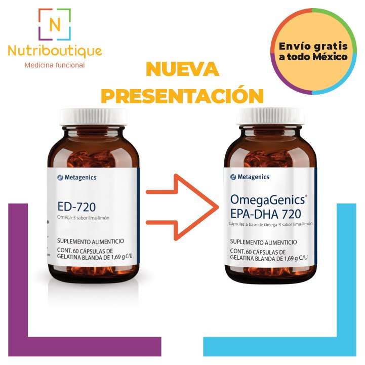 Frasco Metagenics Omegagenics EPA-DHA 720 y Metagenics Ed-720