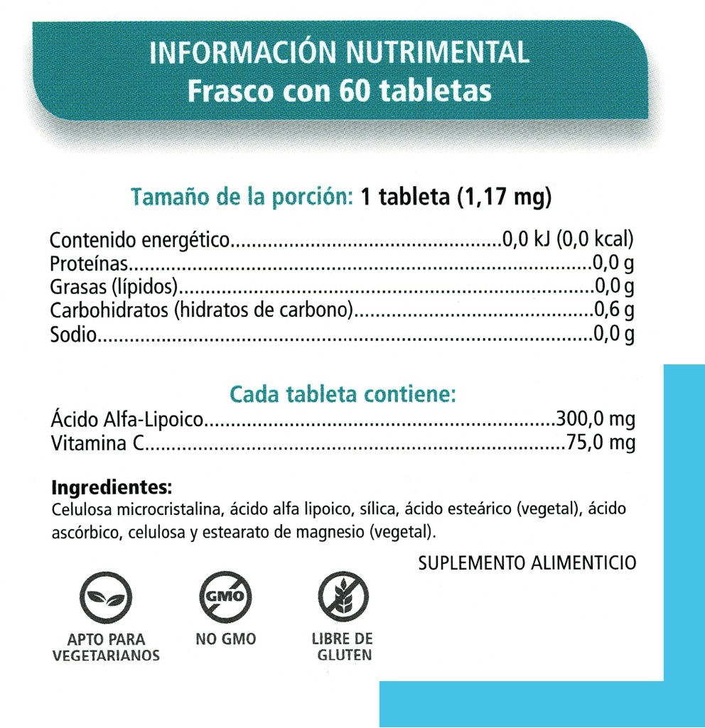 Tabla Nutrimental Metagenics MetaLipoate 300 Nutriboutique